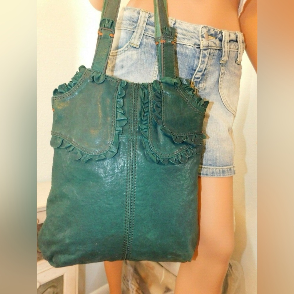 Vintage Lucky Brand Rocken Ruffles Teal Italian Leather Shoulder Bag Y2K